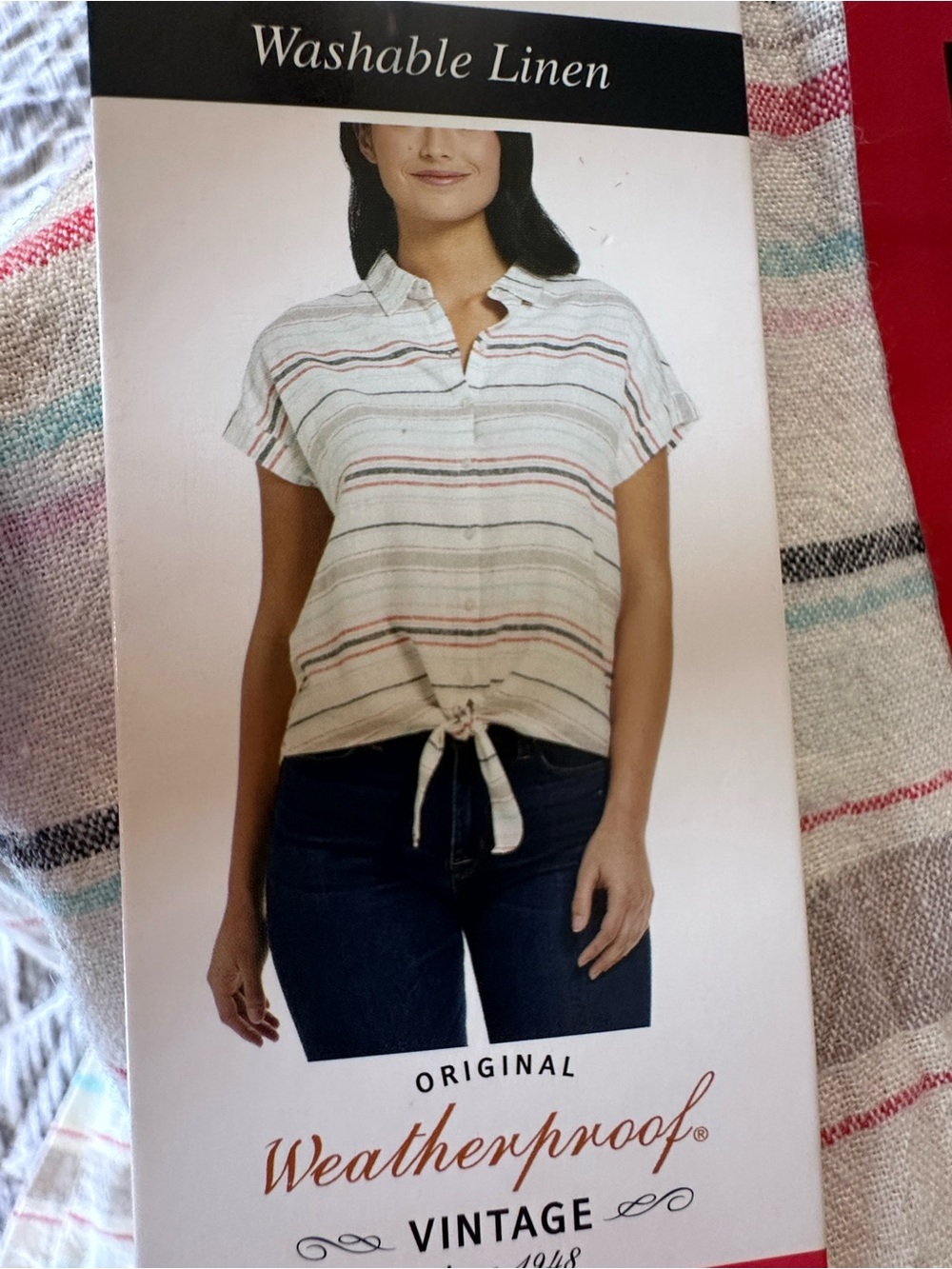 Weatherproof Women's White Striped Button-Front Tie Hem Shirt - Pink, Blue, Gray - Picture 2 of 6